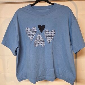 Light Blue Handmade Heart Applique Sparkle Black Heart Women XL Tee Girlhoodcore
